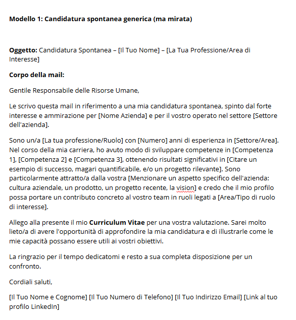 Esempio mail di candidatura spontanea