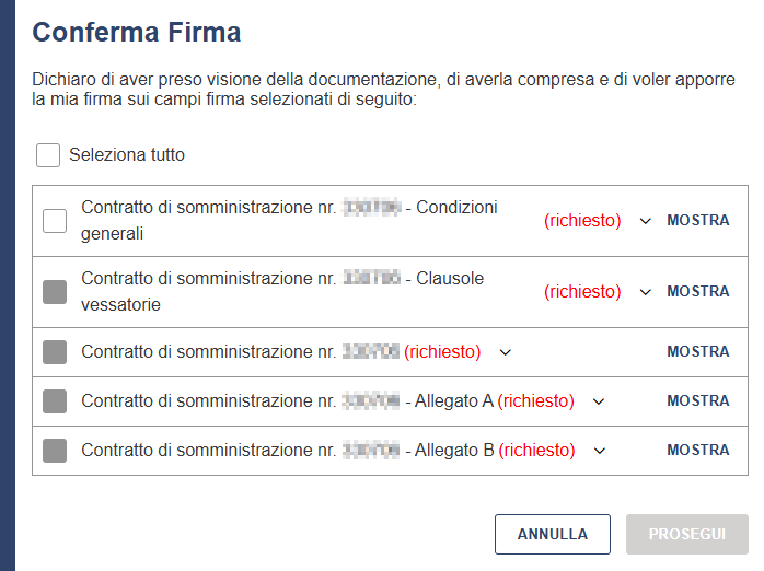 FEA - Conferma Firma - documenti da selezionare Conferma Firma - documenti da selezionare